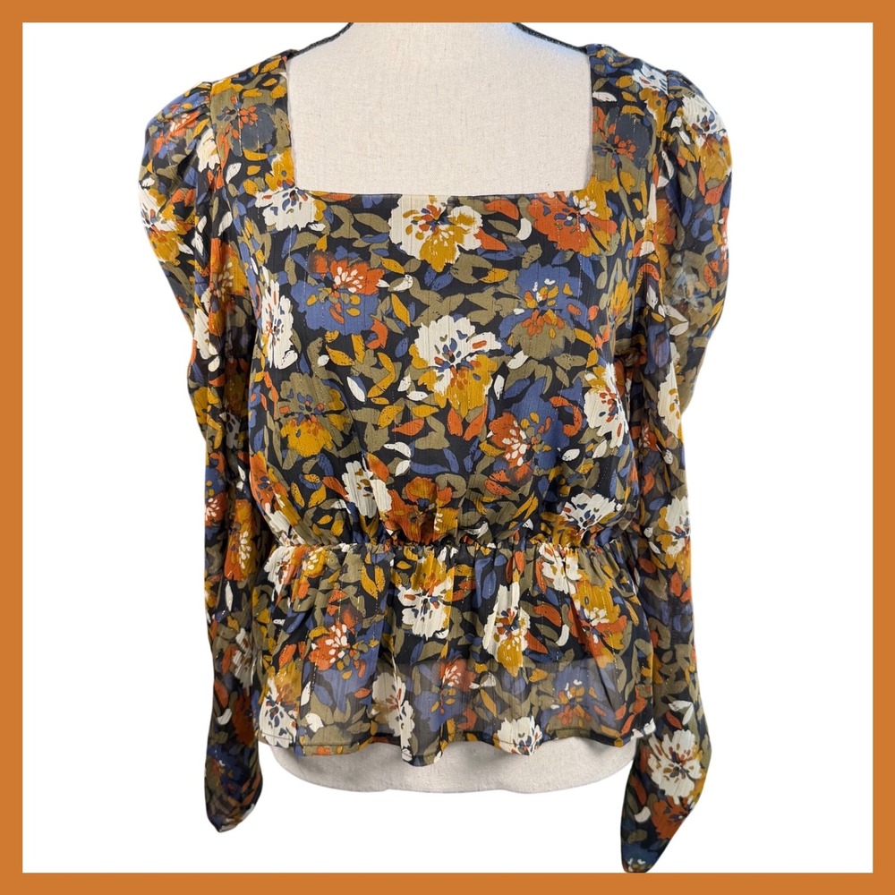 Sadie Sage Floral Blouse Long Sleeve‎ Square Neck Cinched Waist Small